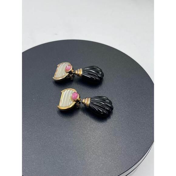 Kylo Vintage Sterling Silver Vermeil Obsidian Garnet Gem Clip On Runway Earrings - Picture 15 of 16